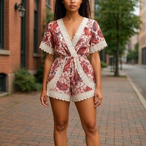 Vizio Red and Cream Paisley Lace Trim Romper
